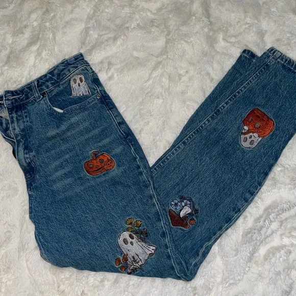 Hot Topic Blue Jeans with Ghost and Pumpkin Embroidery - Picture 2 of 7